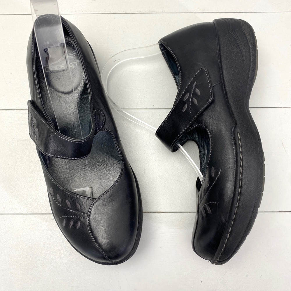 Dansko Fawna Black Leather Mary Jane Clogs Womens 38 7.5 8 Comfort Work Shoes